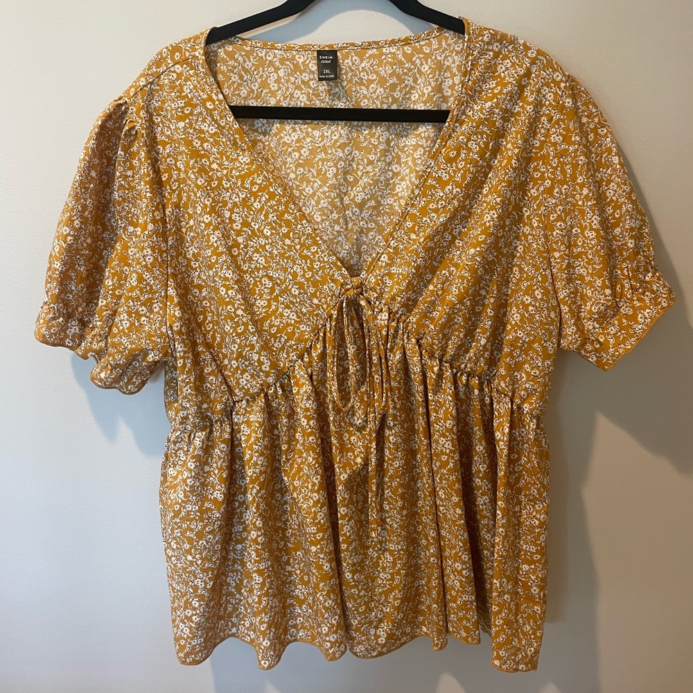 Ditsy floral knot front ruffle hem blouse